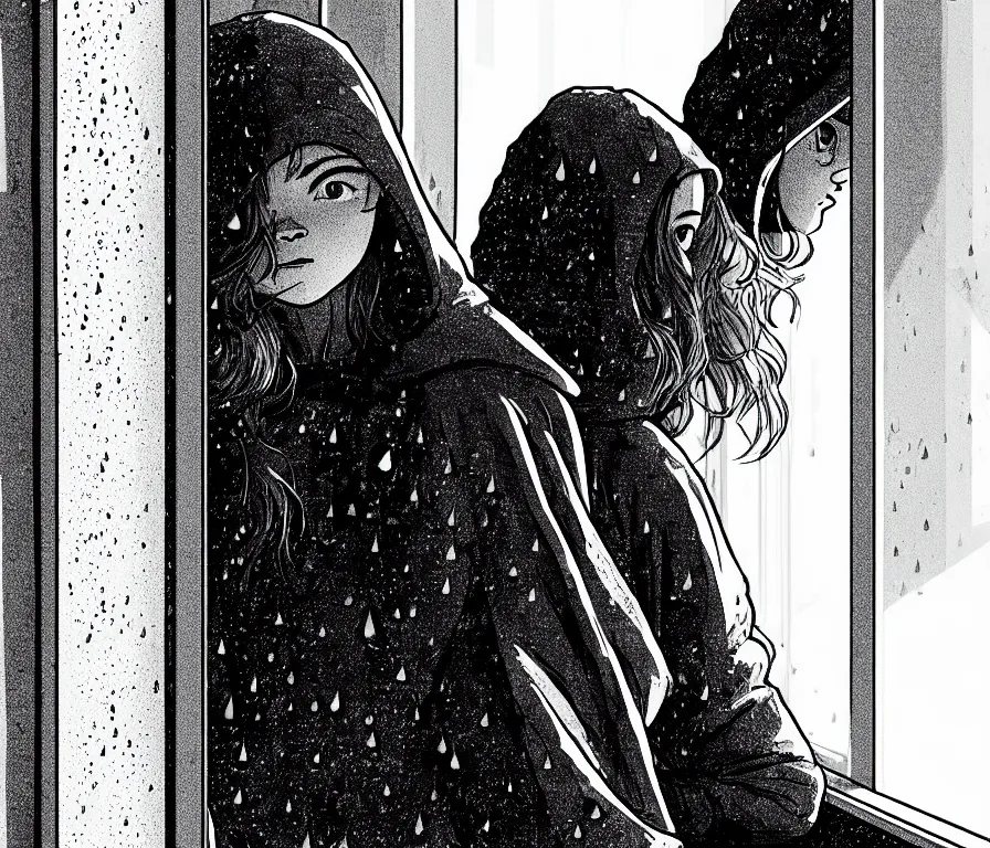 Image similar to outdoors : sadie sink in hoodie sits on windowsill, knees tucked in | rain falls at night : storyboard panel, scifi cyberpunk, b & w. by gabriel hardman, joe alves, chris bonura. cinematic atmosphere, detailed and intricate, perfect anatomy