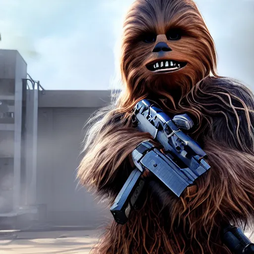 Image similar to Chewbacca in Call of Duty, highly detailed, high quality, HD, 4k, 8k, Canon 300mm, professional photographer, 40mp, lifelike, top-rated, award winning, realistic, sharp, no blur, edited, corrected, trending