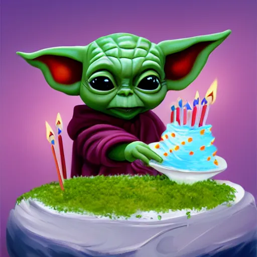 Image similar to (baby yoda) smashing birthday cake into his face, happy birthday, happy birthday candles, mischievous, inquisitive, devious, hilarious, funny, birthday wrapped PRESENTS, by Tyler Edlin