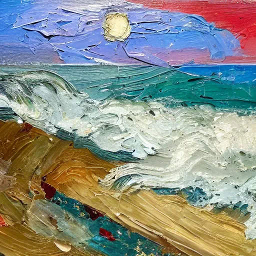 Prompt: oil paint impasto relief, beautiful evening italian beach scene, stormy rough sea, multi layered thick brush marks, some splattered paint, in the style of ivan shishkin and frank auerbach and van gogh