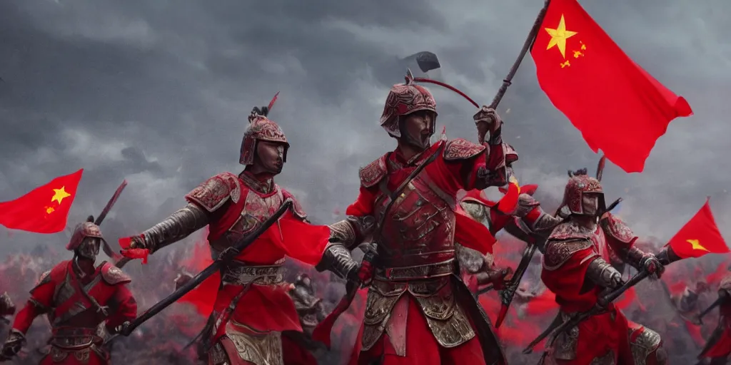 Prompt: mid shot cinematic artwork of an ancient Chinese army wearing red armor and holding red flags on the battlefield by greg rutowski, masterpiece, 4k