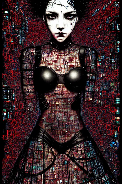 Prompt: dreamy cyberpunk girl, abstract black leather, digital nodes, beautiful woman, detailed acrylic, grunge, intricate complexity, by dan mumford and by chiharu shiota, peter lindbergh