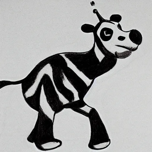 Prompt: drawing from 1 9 2 0's disney animation, white paper, black & white, panda giraffe