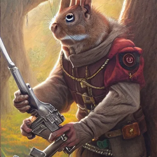 Image similar to a dnd character, a squirrel wizard holding a gun, by Alex horley