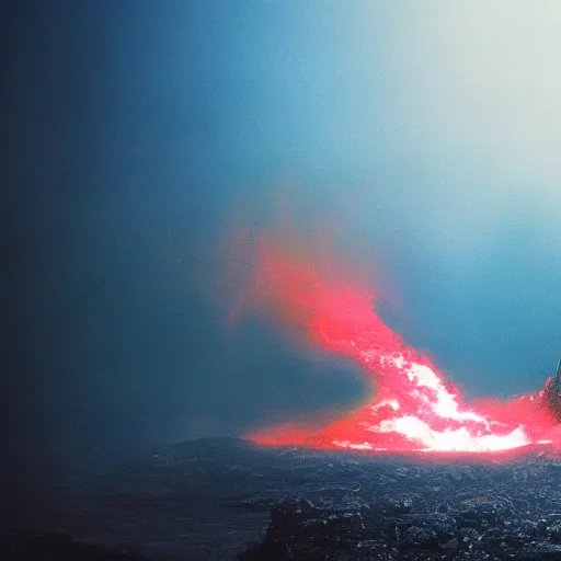 Image similar to low - resolution filmstill of a kaiju monster, fog, smoke, fire, red and blue hues, thriller, underdeveloped, flare, epic, dramatic