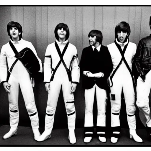 Image similar to the beatles as astronauts, black and white photo, high quality, epic, cinematic, heroes