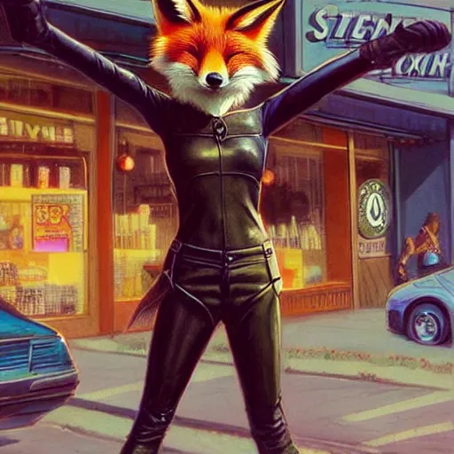 Prompt: a sweet anthro!! Fox wearing leather clothes and doing the peace sign standing in front of a Starbucks. cinematic, hyper realism, high detail, illustration, marvel comic, iridescent accents, by Bruce Pennington, trending on artstation, very coherent symmetrical artwork.