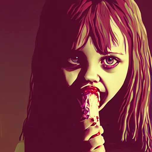 Prompt: young zombie christina ricci eating a clove of garlic, art by beeple