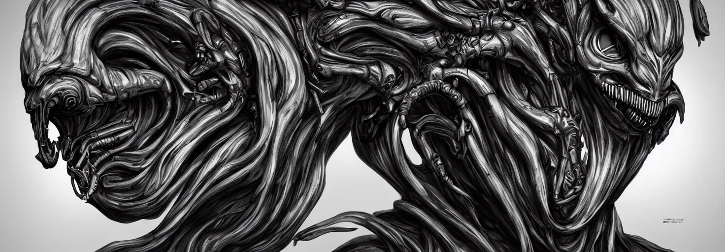 Prompt: engineer alien face by Artgerm, xenomorph alien, highly detailed, symmetrical long head, cinematic colour, smooth marble surfaces, detailed ink illustration, raiden metal gear, cinematic smooth stone, deep aesthetic, concept art, post process, 4k, carved marble texture and silk cloth, latex skin, highly ornate intricate details, prometheus, evil, moody lighting, hr geiger, hayao miyazaki, indsutrial Steampunk, by Artgerm