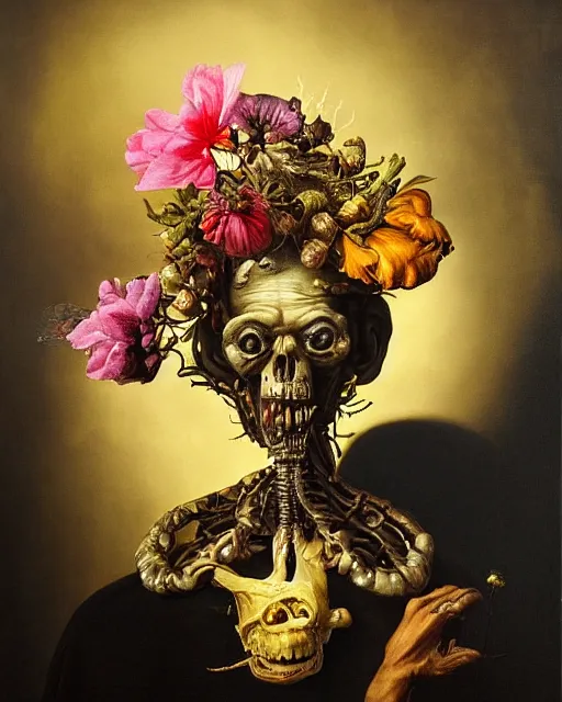 Image similar to refined gorgeous blended oil painting with black background by christian rex van minnen rachel ruysch dali todd schorr of a chiaroscuro portrait of an extremely bizarre disturbing mutated man made of still life flowers and rubber insects with shiny skin acne dutch golden age vanitas intense chiaroscuro cast shadows obscuring features dramatic lighting perfect symmetry perfect composition masterpiece