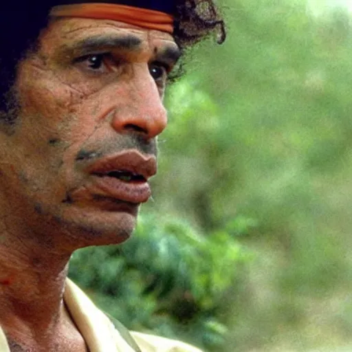 Image similar to A still of Muammar Gaddafi as Rambo in Rambo First Blood (1982)