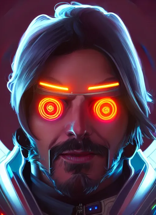 Image similar to symmetry portrait of mccree from overwatch, closeup, sci - fi, tech wear, glowing lights intricate, elegant, highly detailed, digital painting, artstation, concept art, smooth, sharp focus, illustration, art by artgerm and greg rutkowski and alphonse mucha