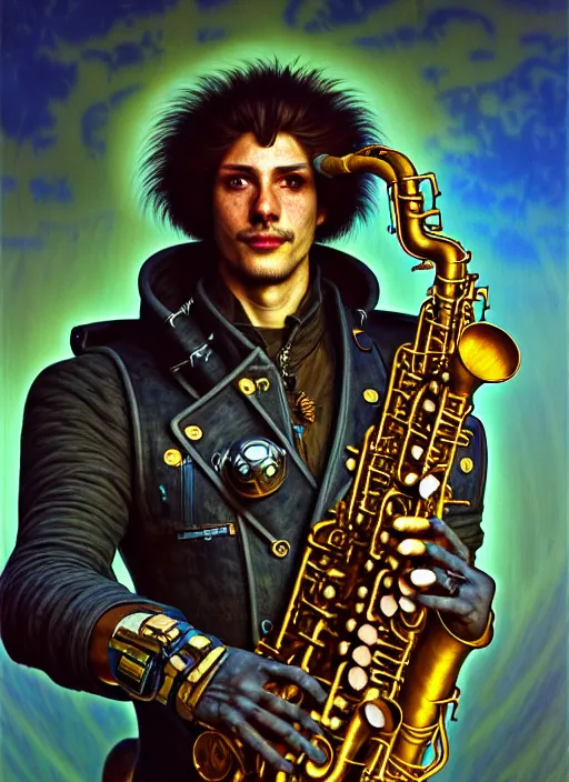 Image similar to portrait of a dirt man playing sax, warhammer 40000, cyberpunk, intricate, highly detailed, digital painting, artstation, concept art, smooth, sharp focus, illustration, art by Amano and Karol_Bak and artgerm and greg rutkowski and alphonse mucha and Gustav Klimt and Kojima