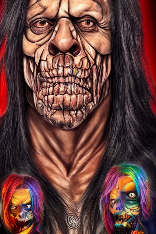 Image similar to danny trejo, full body, big two toned eyes, halloween, unicorns, intricate details, cinematic, epic, realistic, anatomy, lisa frank, uplight, artstation, photorealistic, scary