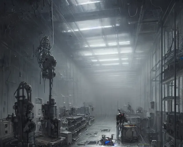 Image similar to gloomy ruined server room in datacenter robot automata rusty steel robot knight colossus welder pacing fixing mono eyed, sharp focus, emitting diodes, smoke, artillery, sparks, racks, system unit, motherboard, by pascal blanche rutkowski repin artstation hyperrealism painting concept art of detailed character design matte painting, 4 k resolution blade runner