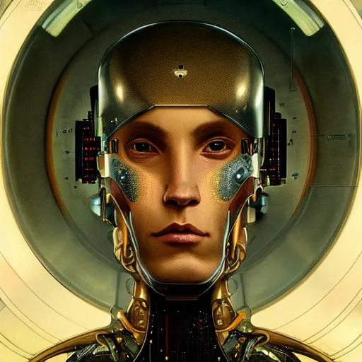 Image similar to portrait of a middle aged male android, coy, circuitry visible in head, in the style of ex machina, karol bak, alphonse mucha, greg rutkowski, award winning, hr giger, artstation