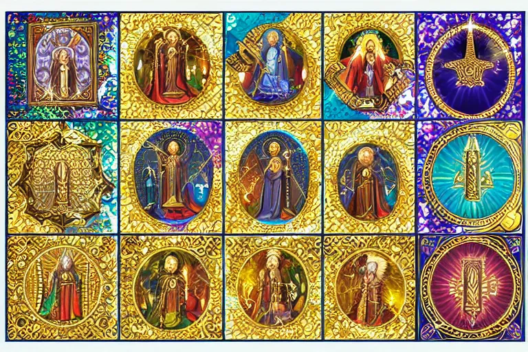 Image similar to illustration of design sheet of sets of various fantasy religion iconography mosaics with gemstones, prismatic colors, ornate gold patterns