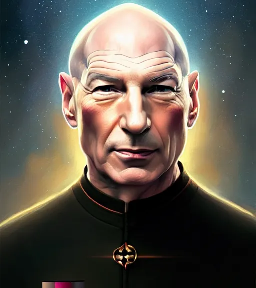 Prompt: portrait of Jean Luc Picard, 4K, UHD intricate, elegant, highly detailed, centered, digital painting, artstation, concept art, smooth, sharp focus, illustration, by Peter Mohrbacher, WLOP