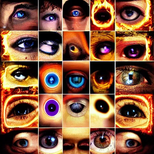 Image similar to collage, wall of eyes, reflections, fire, flames, wall of eyes, hd photograph
