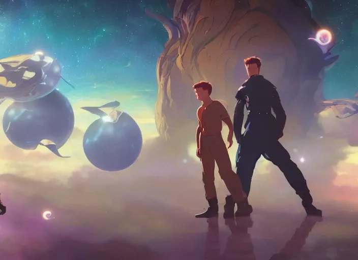 Image similar to a space handsome gay guys and their 1 0 pet space cats staring role in a musical sci - fi space opera ghibli animated film, volumetric lighting, octane render by stanley artgerm lau, greg rutkowski, thomas kindkade, alphonse mucha, loish, norman rockwel, 8 k greg rutkowski