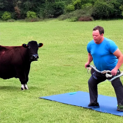 Prompt: a man exercising with cows as weight