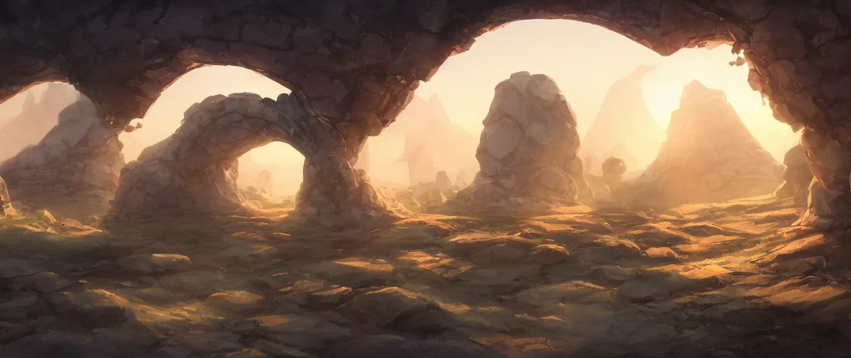 Prompt: field of large man made stone arcs, concept art, digital painting, style of jordan grimmer, warm lighting, futuristic, volumetric lighting, view from below, vivid colours, bright, daytime, godrays, high detail