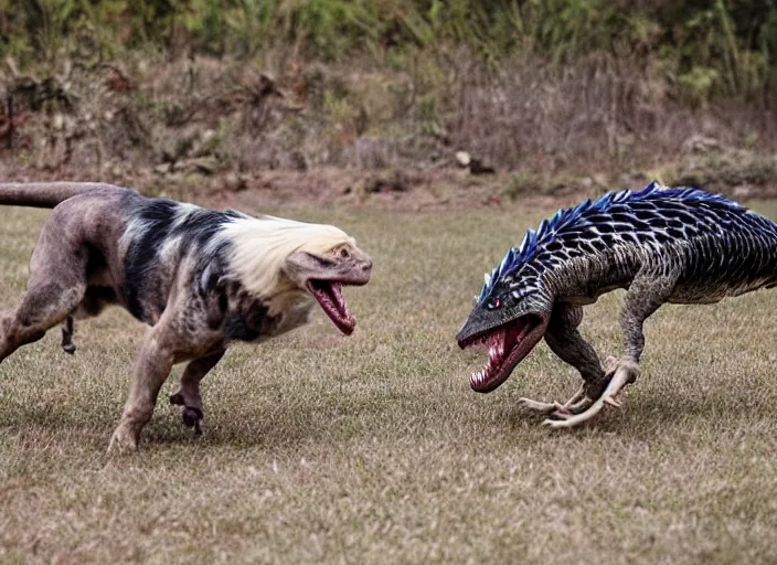 Image similar to photo of a dog and a velociraptor playing together