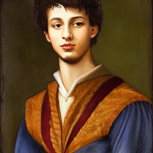 Image similar to a handsome Spanish teenage boy with dark hair and blue eyes, sharp jawline with a light beard, done in the style of a renaissance royal portrait