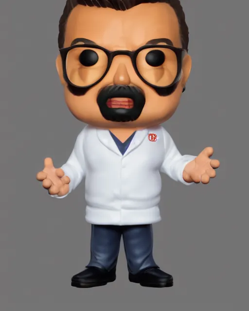 Image similar to full body 3d render of Altaf Hussain as a funko pop, studio lighting, white background, blender, trending on artstation, 8k, highly detailed