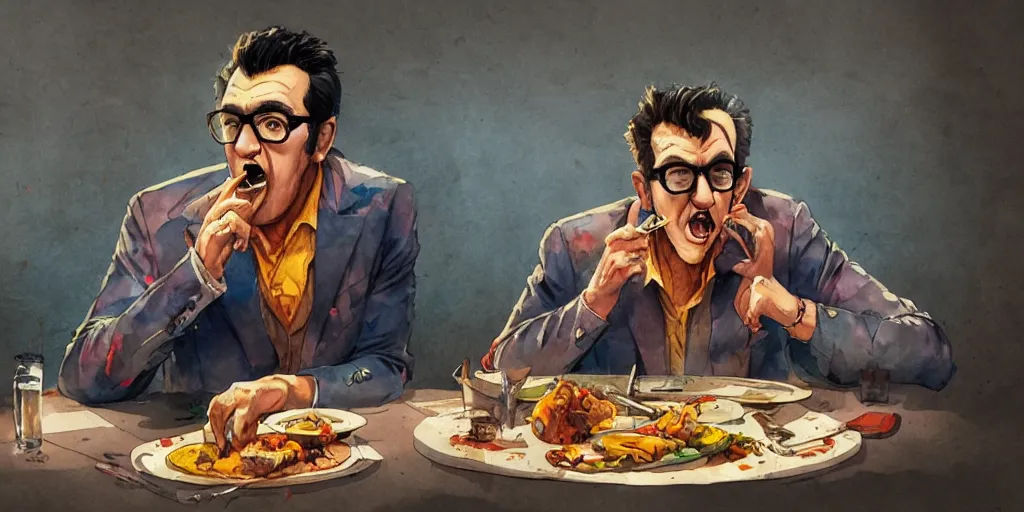 Image similar to cartoonish elvis costello eating dinner, vivid colors, character sheet, fine details, concept design, contrast, kim jung gi, greg rutkowski, watercolor, trending on artstation, 8 k, full body, turnaround, front view, back view, ultra wide angle