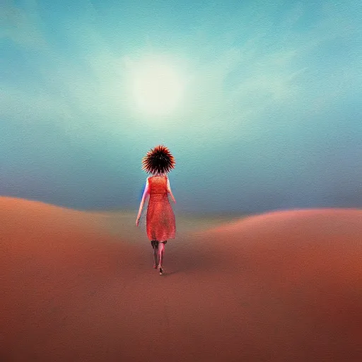 Image similar to closeup giant dahlia flower head, girl walking between dunes, surreal photography, sunrise, blue sky, dramatic light, impressionist painting, digital painting, artstation, simon stalenhag