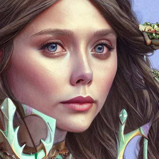 Image similar to Elizabeth Olsen as a elf archer, cute, fantasy, intricate, elegant, highly detailed, centered, digital painting, artstation, concept art, smooth, sharp focus, illustration, art by artgerm and H R Giger and alphonse mucha