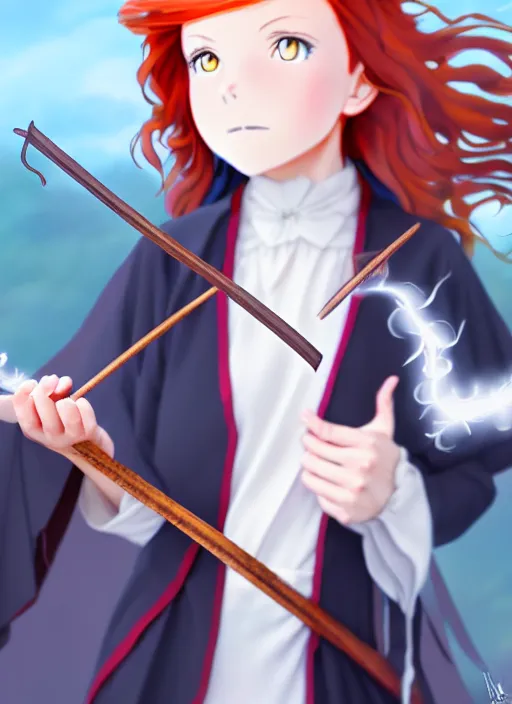 Prompt: redhead holding witch wand, advertising photoshoot, magic school academia, by studio ghibli, elegant, beautiful, digital art, trending on artstation, highly detailed, illustration, concept art, masterpiece