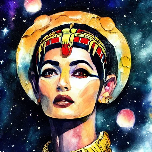 Image similar to cleopatra in space. watercolor. dramatic. amazing painting. formal. beautiful. high resolution. highly realistic. close - up. trending on artstation