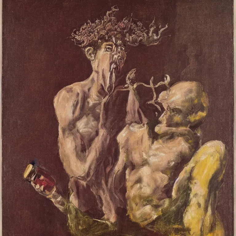 Prompt: raw, unsettling portrait of Dionysus, the Greek god of wine, drinking to forget his heartbreak by 20th-century artist Francis Bacon