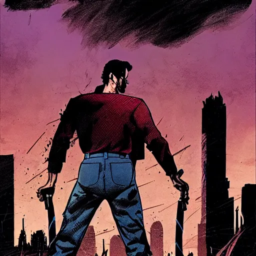 Image similar to ash Williams stands on a pile of deadites, wide angle, background is destroyed Detroit, dramatic lighting, concept art, award winning, illustration by  John Romita Jr.