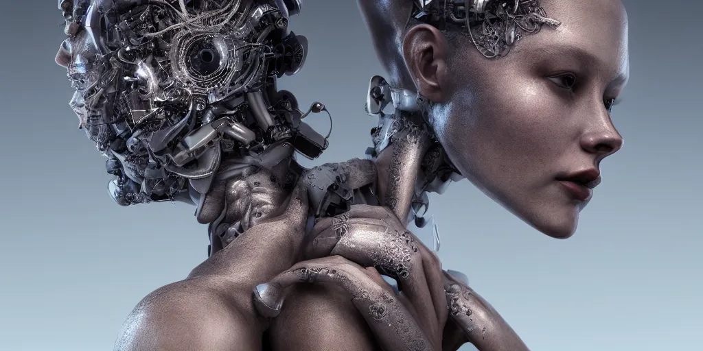 Image similar to hyper realistic photography of a beautiful cyborg female, intimate holding close, in the style of beth cavener, jin kagetsu, wlop, westworld, highly detailed, intricate filigree, symmetry, masterpiece, concept art, highkey lighting, ambient lighting, octane render, 8 k, artstation