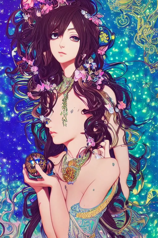 Image similar to psychedelic, intricate, highly detailed, anime, 4k, beautiful seductive woman holding a crystal containing the universe, with professional makeup, long trippy hair, surrounded by gems, underneath the stars, trending on patreon, deviantart, twitter, artstation, volumetric lighting, heavy contrast, by artgerm and Ilya Kuvshinov and alphonse mucha