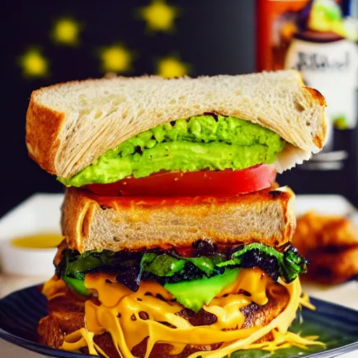 Image similar to sandwich with fried tofu, one red tomato slice, mayonnaise, one fried onion ring, smashed avocado, melted cheddar, in a red dish, background with saturn and stars in the sky