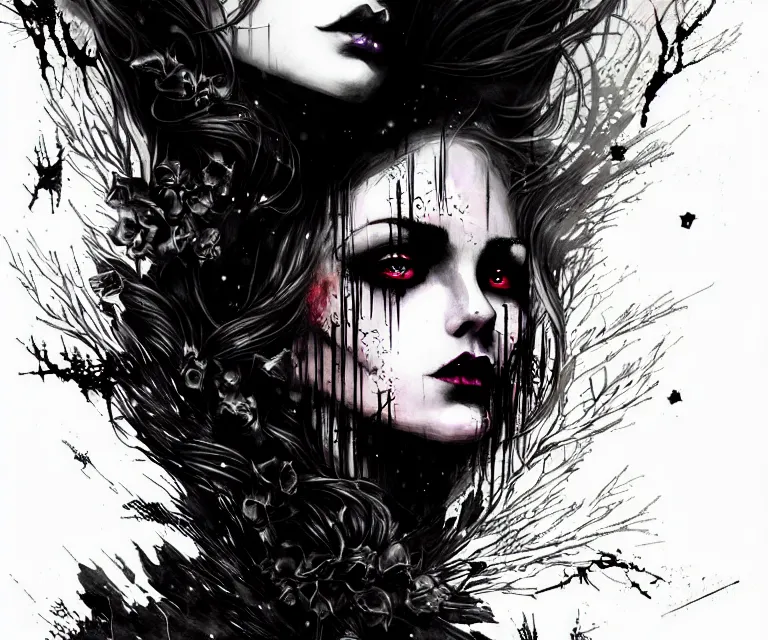 Prompt: stunning otherworldly gothic goddess of beauty, dark and mysterious, atmospheric, ominous, eerie, cinematic, epic, 8 k, 4 k, ultra detail, ultra realistic, rendered by awesomeness. nights falling wind is blowwing snow is pilling concept art in style of carne griffiths artwork by xsullo