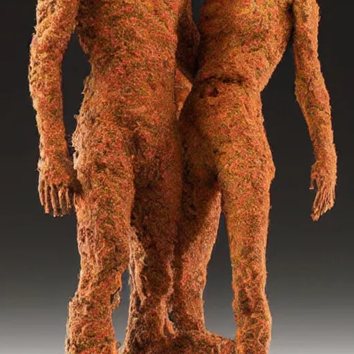 Image similar to dmt bodies. Mesh of human figures intertwined. earthen colors. The medium of this sculpture is human hair. A mess of human hair. Sculpted by August Rodine.