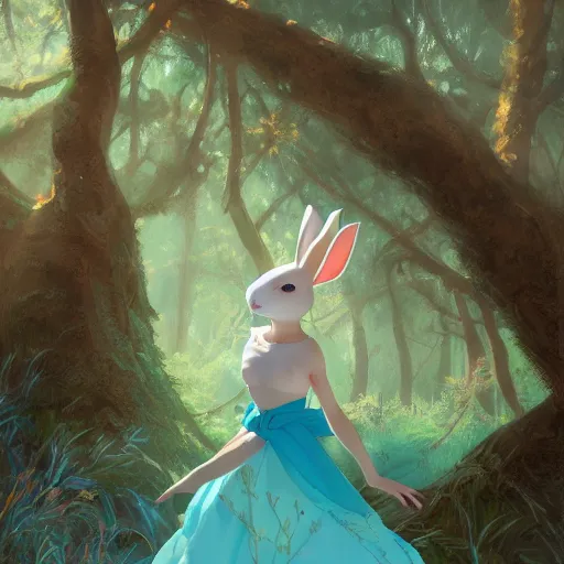 Image similar to concept art painting of a white rabbit wearing a turquoise dress, in the deep forest, realistic, detailed, cel shaded, in the style of makoto shinkai and greg rutkowski and james gurney