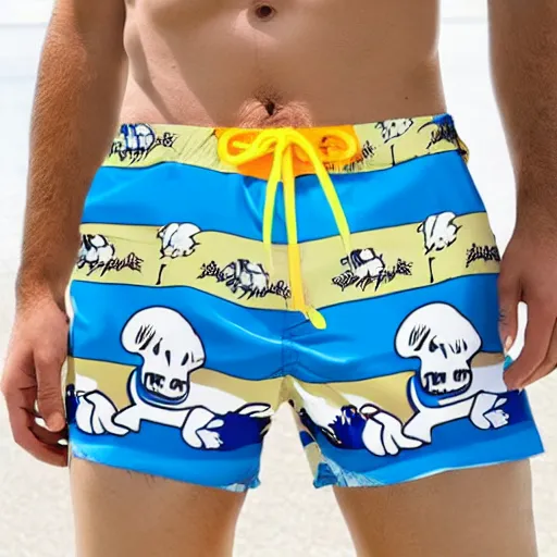 Prompt: the grim reaper wearing garfield swim trunks at the beach and drinking a piña colada