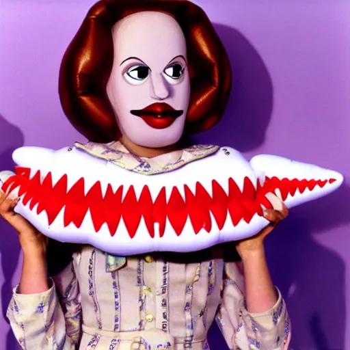 Image similar to !dream a woman wearing an inflatable mouth and holding a a hand puppet, technicolor, john waters, almodovar, expired color film, 1975