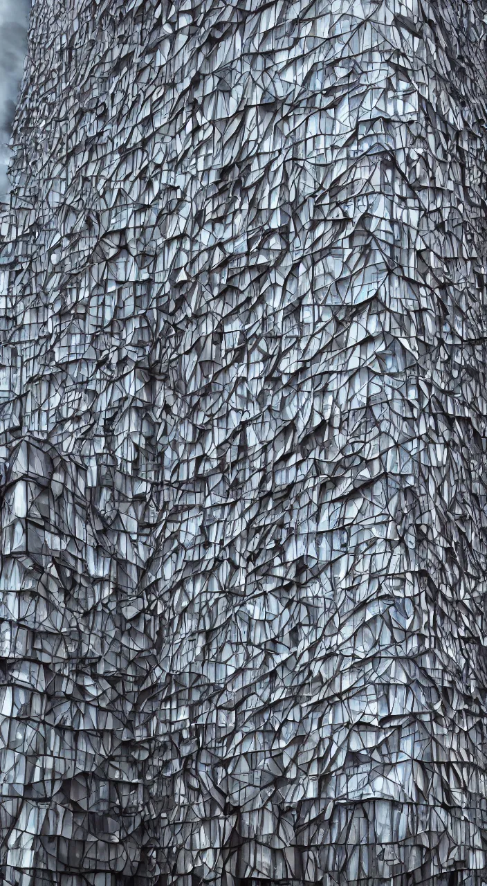 Prompt: intricate fractal patterned building facade using wood and glass, in new york city with a cloudy dramatic sky, hyperrealism, 4 k octane render, photorealistic concept art, highly detailed