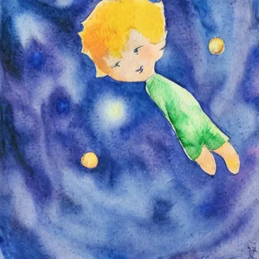 Image similar to the little prince on a little planet floating in space, original watercolors by exupery