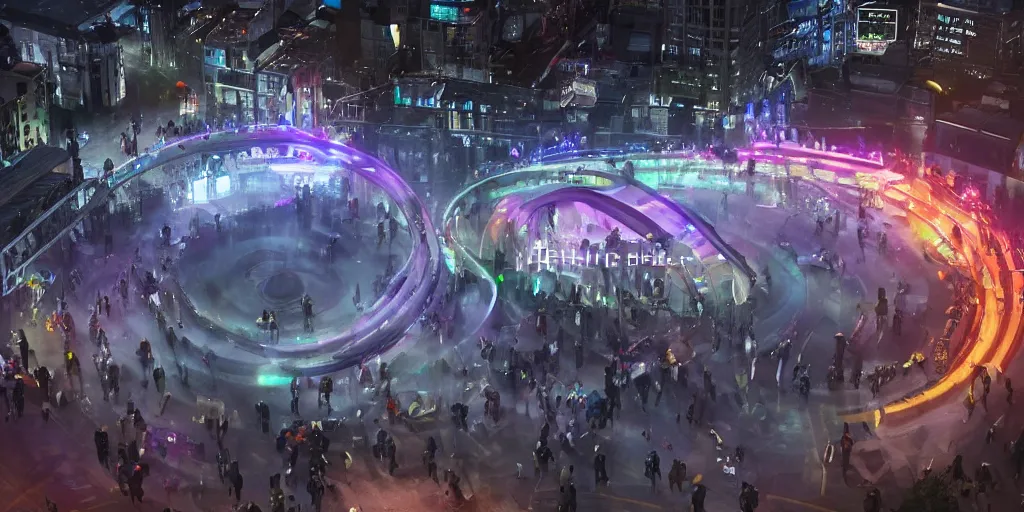 Image similar to policemen protecting a huge spiral - shaped bright luminous attractor right in the center of the city from protesting people,, rain and light fog, professional lighting, concept art in 3 d, high detail, professional lighting, 8 k, unreal engine