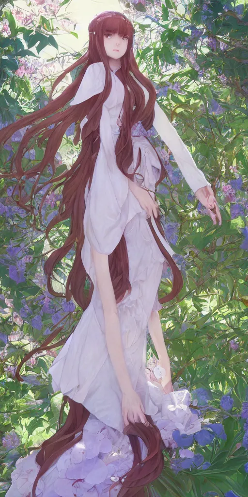 Image similar to a digital art of a loli with long hair in a dress in the privet garden at after noon, green and warm theme, by krenz cushart and mucha and akihito yoshida and greg rutkowski and makoto shinkai, low angle, long shot, back lighting, detailed eyes, 4 k resolution, trending on art station