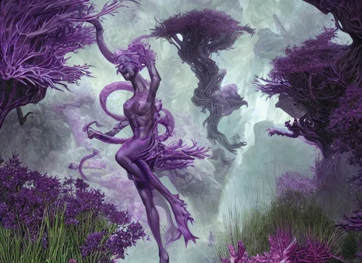 Prompt: Various purple weeds growing in a garden made of marble and crystals by Wayne Barlowe and Peter Mohrbacher, detailed, sharp, digital art, trending on Artstation