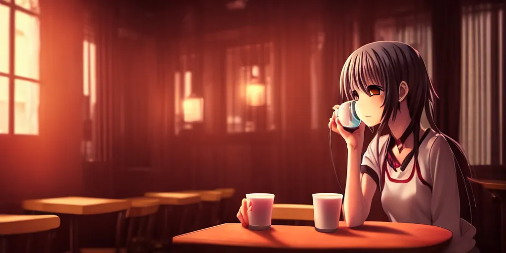 Prompt: anime girl sitting and drinking in a cozy bar, 1, volumetric lighting, symmetrical face, detailed face, hyper real, pencil art, moody lighting, cute, comfy